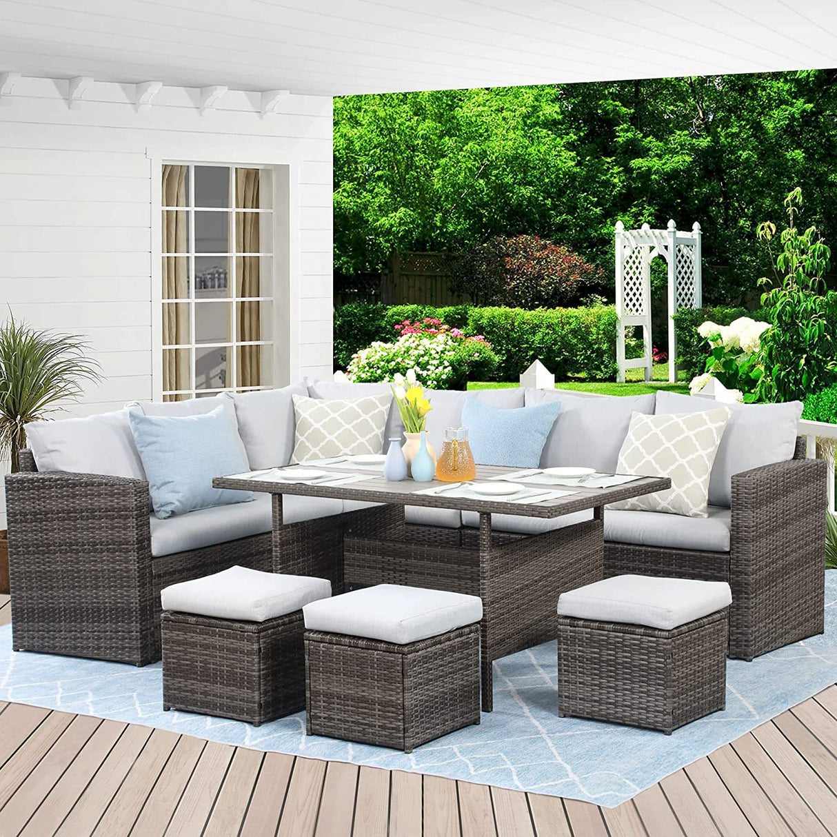 7 - Pieces PE Rattan Wicker Patio Dining Sectional Cusions Sofa Set with Grey cushions | Home Elegance USA