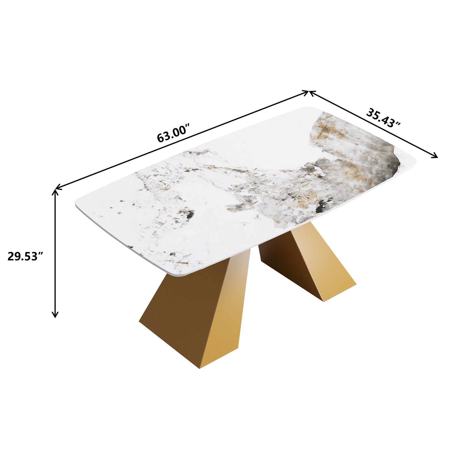 63"Modern artificial stone pandora white curved golden metal leg dining table - 6 people | Home Elegance USA