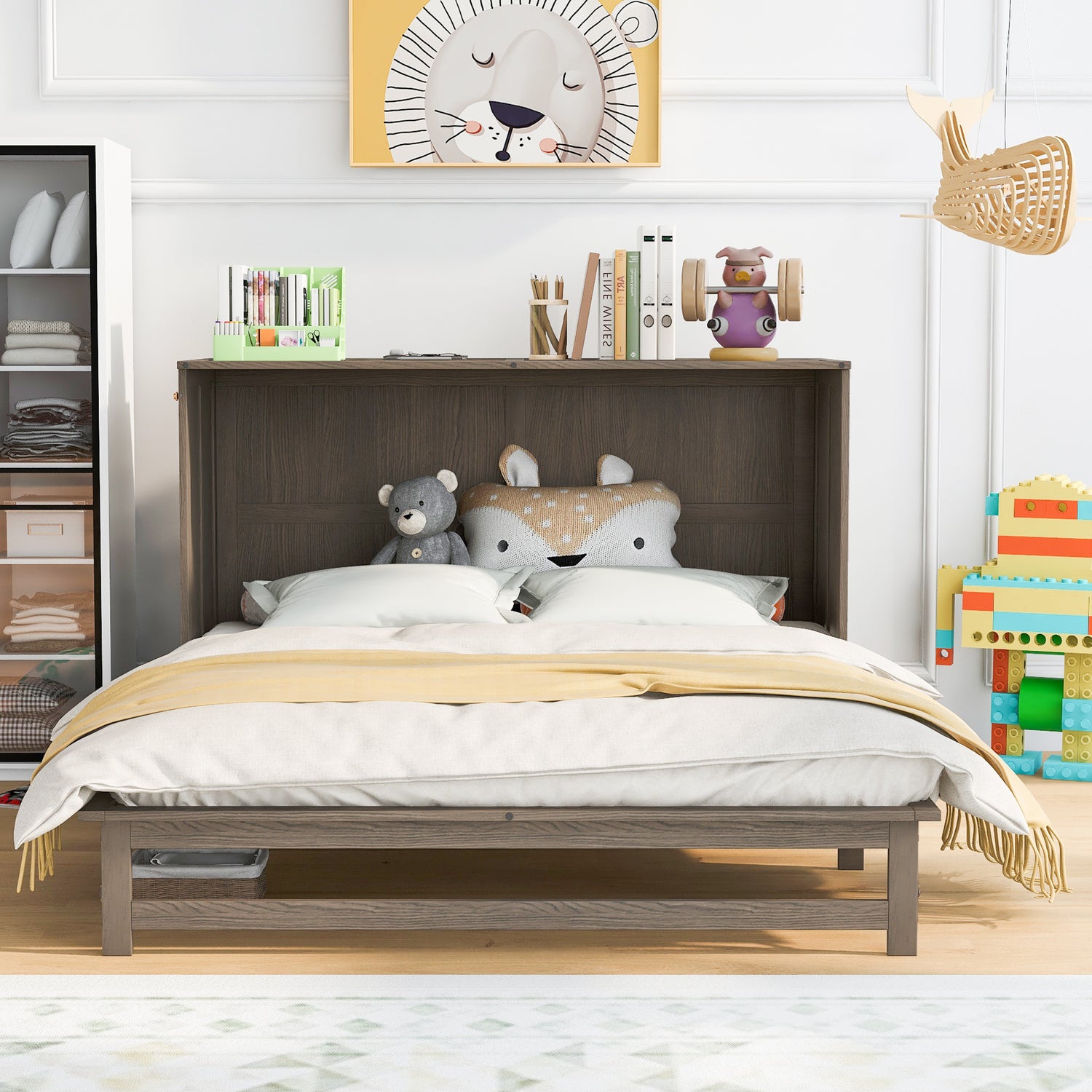 Queen Size Murphy Bed with Built-In Charging Station, Antique Grey(Expected Arrival Time: 8.9) - Home Elegance USA
