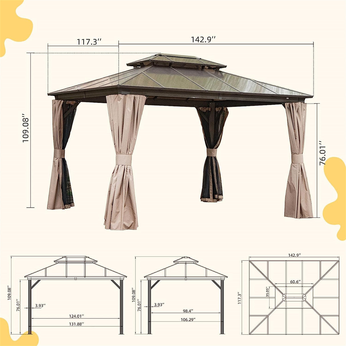 Brown 10'x12' Hardtop Gazebo: Outdoor Pavilion with Polycarbonate Roof, Aluminum Frame, Curtain & Net - Perfect for Garden, Patio | Home Elegance USA