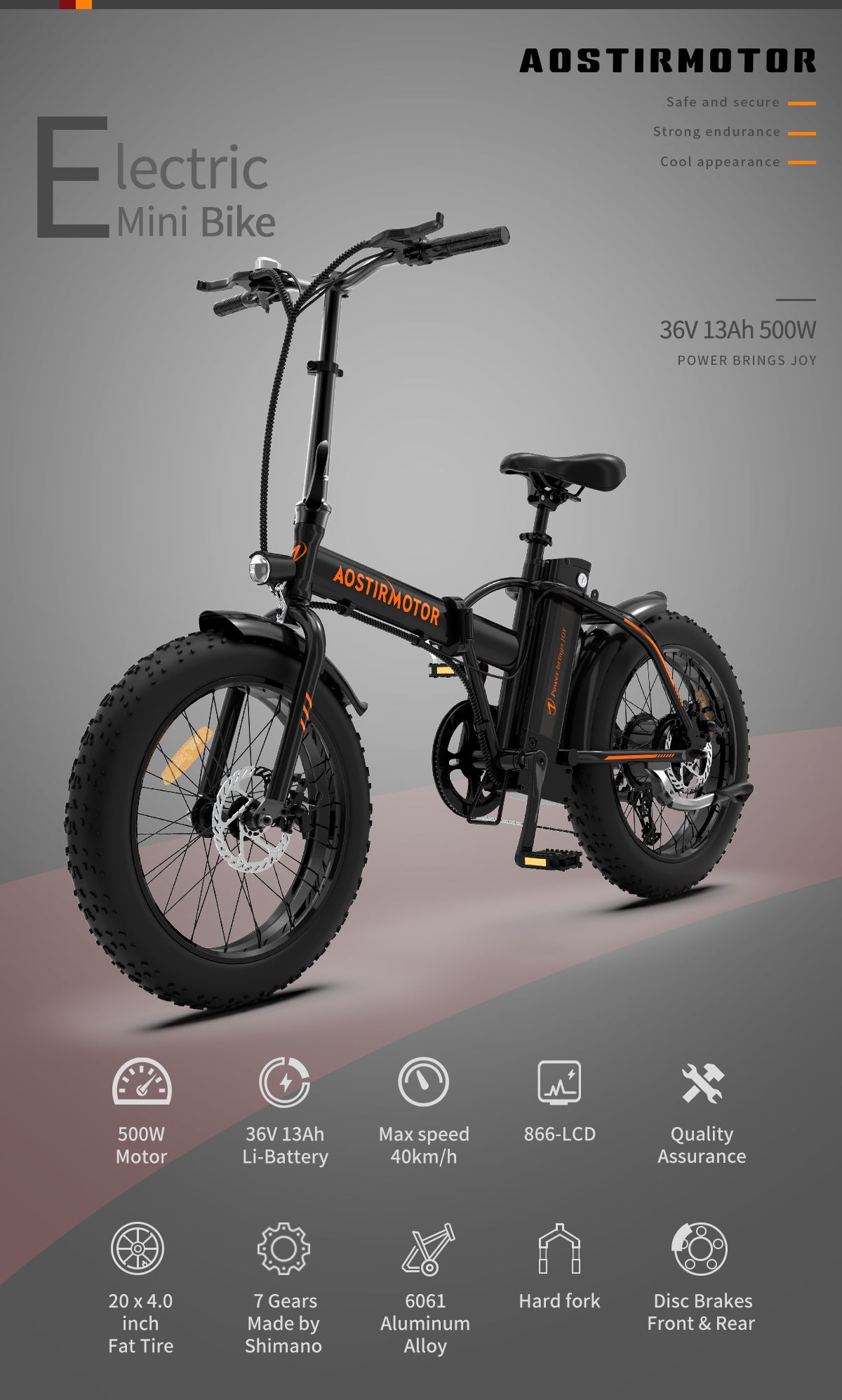 AOSTIRMOTOR Folding Electric Bike Ebike Bicycle 500W Motor 20" Fat Tire With 36V/13Ah Li - Battery Beach Snow Bicycle A20 | Home Elegance USA