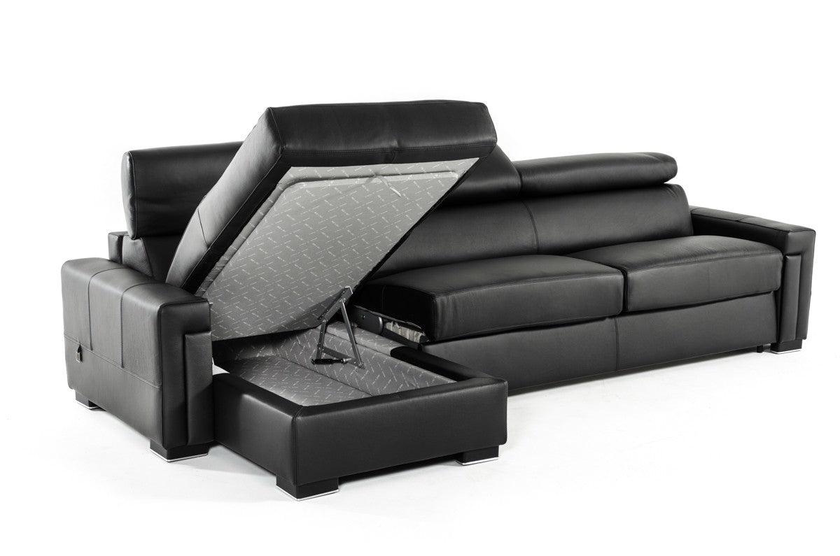 Vig Furniture - Estro Salotti Sacha Modern Black Leather Reversible Sofa Bed Sectional W- Storage - Vgntsacha-Blk