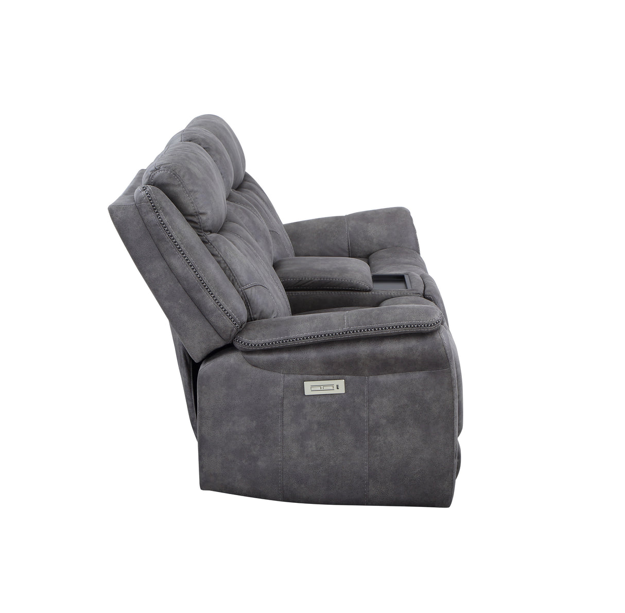 Transitional Console Loveseat - Gray Faux-Suede, Power Footrest, Power Headrest - Concealed Cupholders, Built-In Console - Comfortable and Durable Design Home Elegance USA