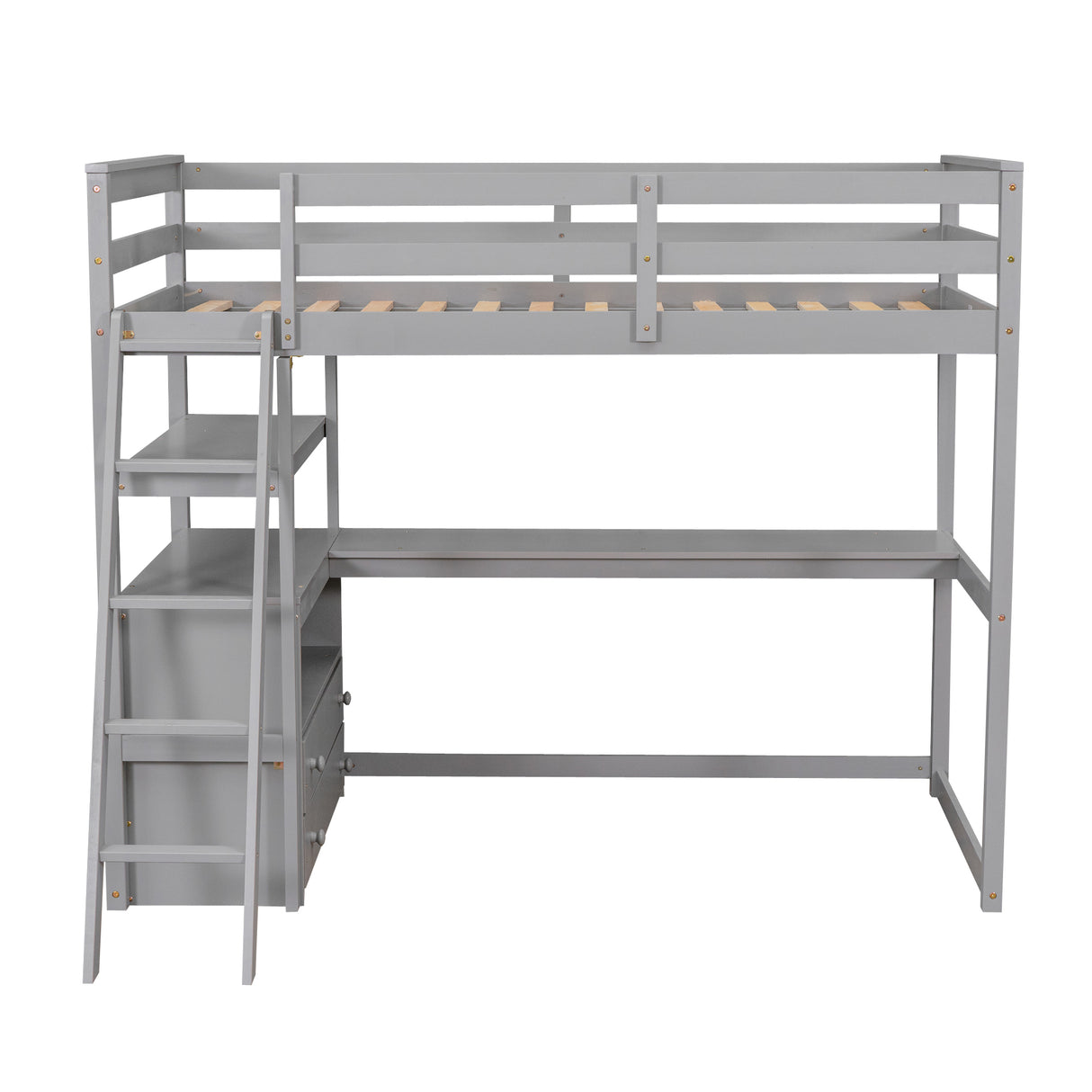 Twin Size Loft Bed with Desk and Shelves, Two Built-in Drawers, Gray(old SKU: GX000803AAE-1) - Home Elegance USA