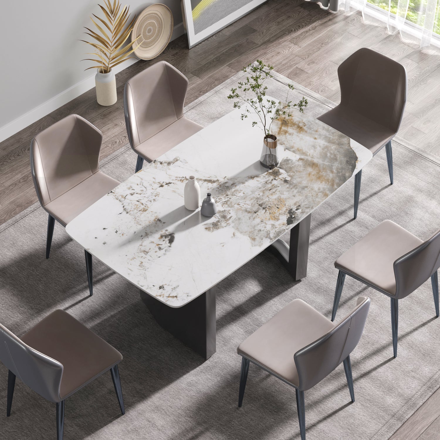 63"Modern artificial stone pandora white curved black metal leg dining table - 6 people | Home Elegance USA