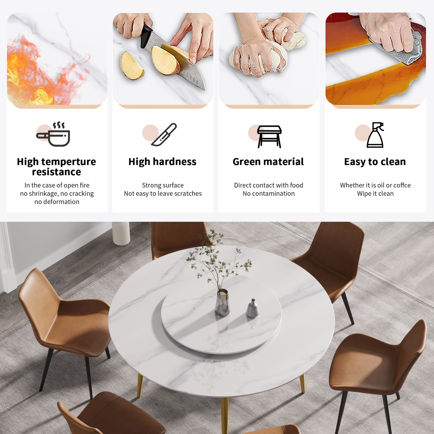 59.05"Modern artificial stone round golden metal dining table - can accommodate 6 people - 31.5"white artificial stone turntable | Home Elegance USA