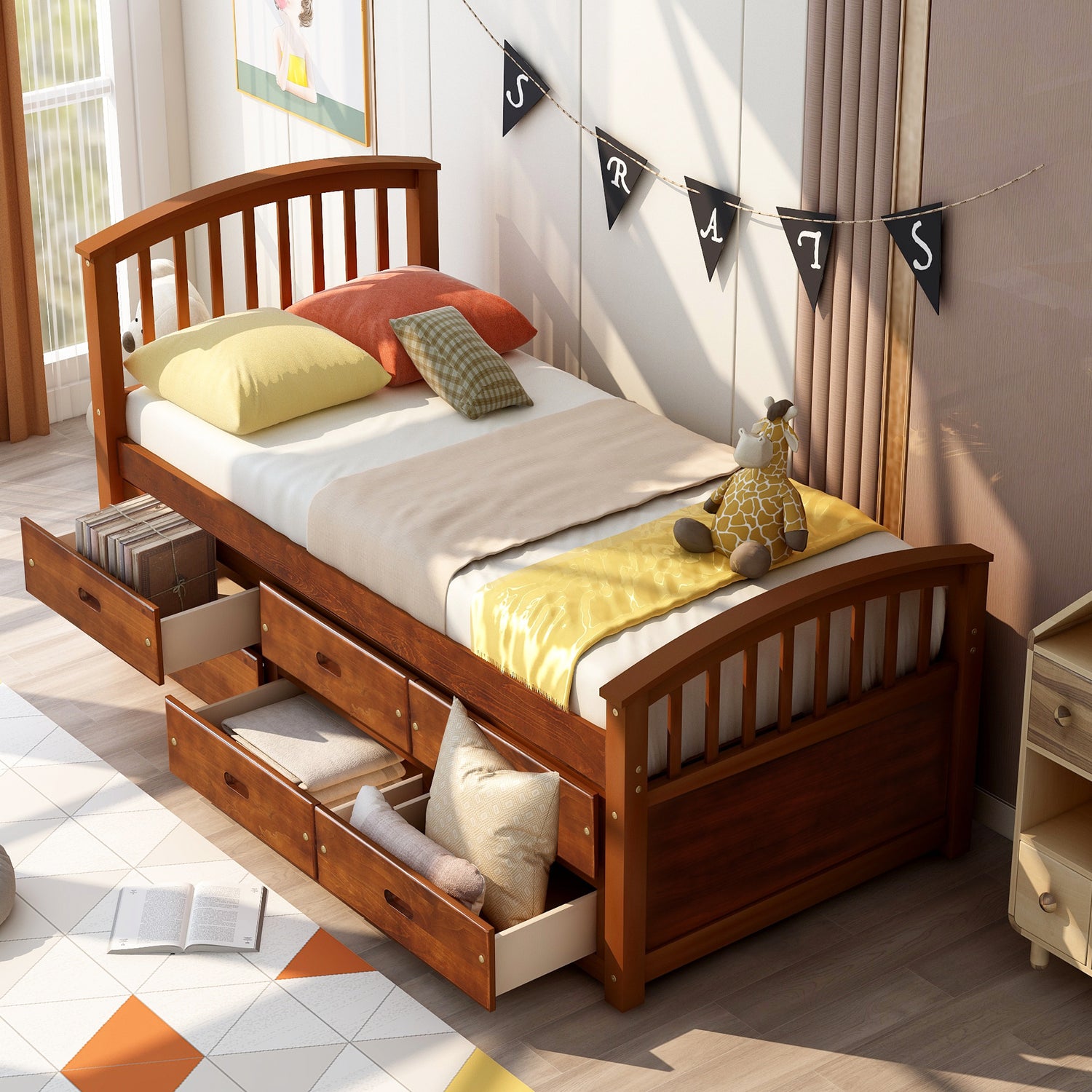 Orisfur. Twin Size Platform Storage Bed Solid Wood Bed with 6 Drawers - Home Elegance USA