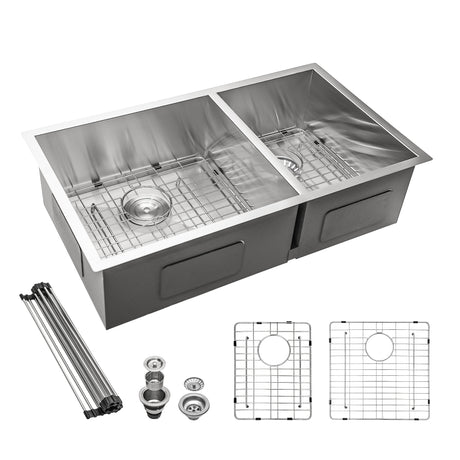 32x18 Undermount Double Bowl Kitchen Sink 60/40 18 Gauge Stainless Steel Offset Drain with 9 Inch Deep Double Bowl Sink