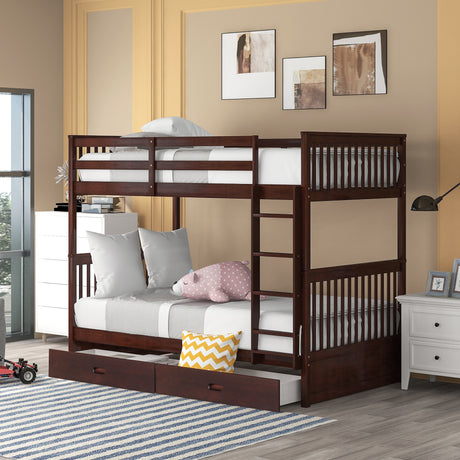 Twin-Over-Twin Bunk Bed with Ladders and Two Storage Drawers (Espresso)(OLD SKU:LT000265AAP) - Home Elegance USA