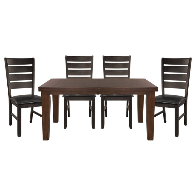 Contemporary Dark Oak Finish Dining 5pc Set Table w Self-Storing Leaf and 4x Side Chairs Solid Clean Lines Design Furniture - Home Elegance USA