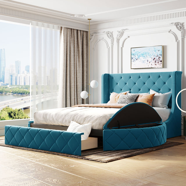 Upholstered Platform Bed Queen Size Storage Velvet Bed with Wingback Headboard and 1 Big Drawer,2 Side Storage Stool(Blue) - Home Elegance USA