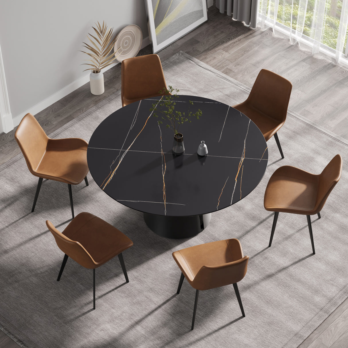 59.05"Modern artificial stone round black carbon steel base dining table - can accommodate 6 people | Home Elegance USA