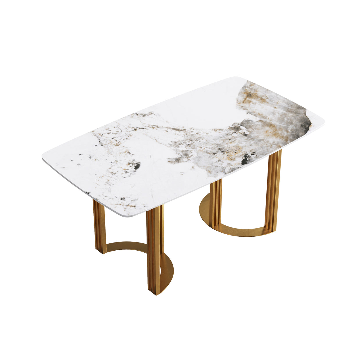 63"Modern artificial stone pandora white curved golden metal leg dining table - 6 people | Home Elegance USA