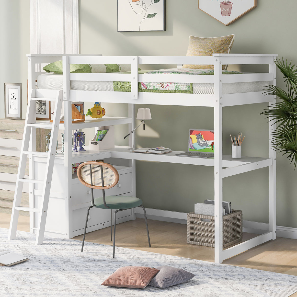 Twin Size Loft Bed with Desk and Shelves, Two Built-in Drawers, White (old SKU: GX000803AAK-1) - Home Elegance USA