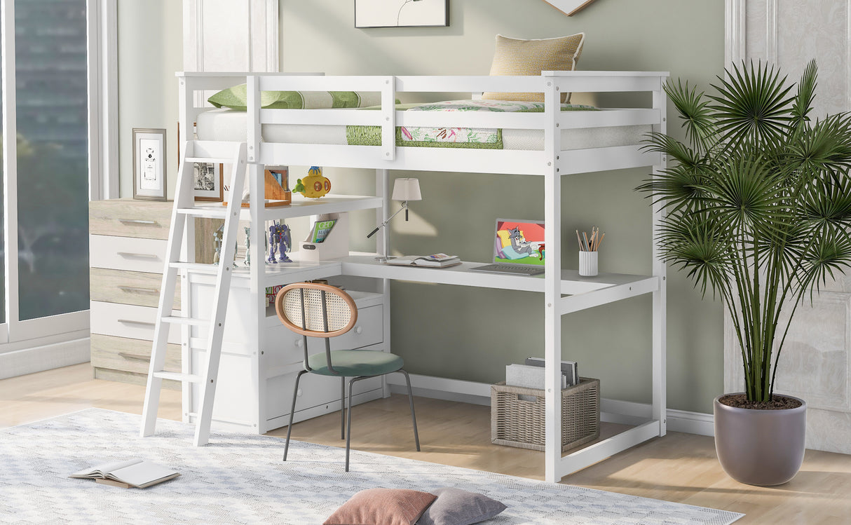 Twin Size Loft Bed with Desk and Shelves, Two Built-in Drawers, White (old SKU: GX000803AAK-1) - Home Elegance USA