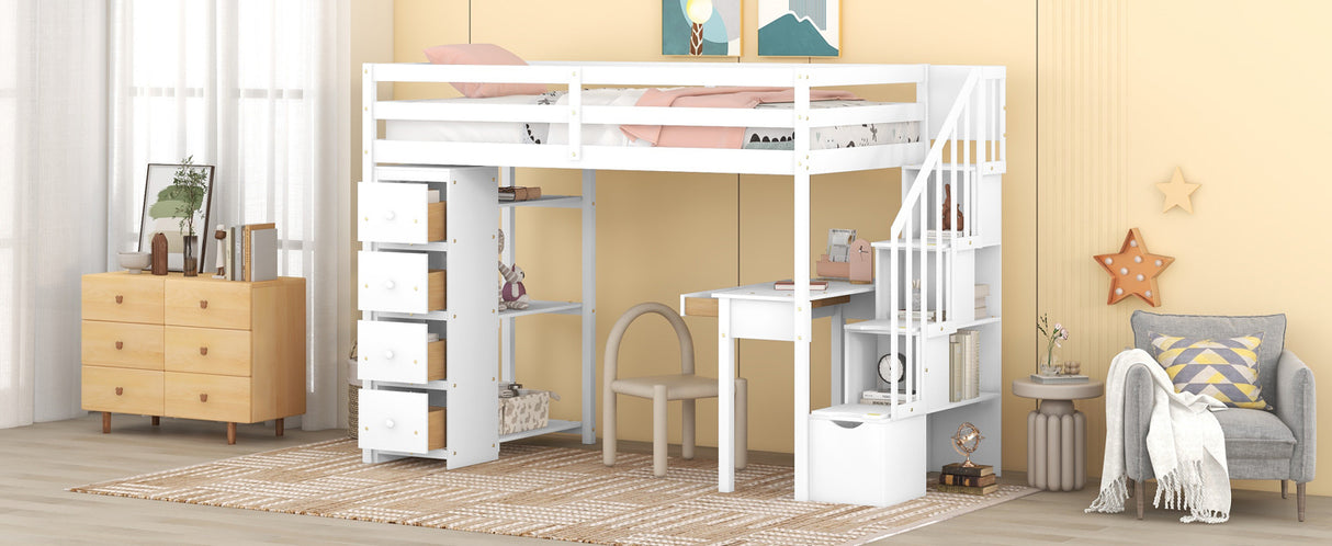 Twin size Loft Bed with Storage Drawers ,Desk and Stairs, Wooden Loft Bed with Shelves - White - Home Elegance USA