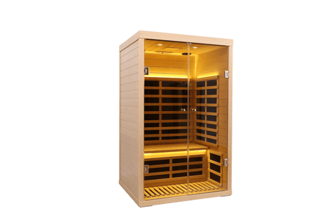 Two person wide space hemlock double doors great glass luxury indoor Far infrared sauna room