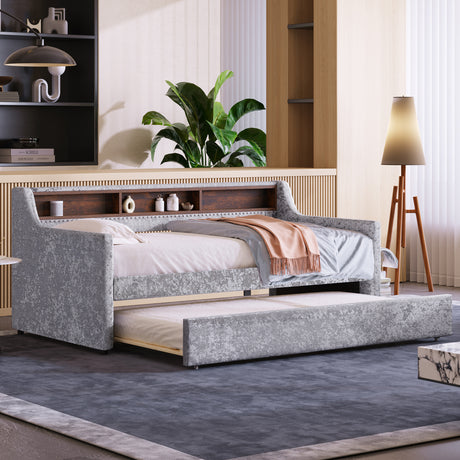 Twin Size Snowflake Velvet Daybed with Trundle and Built-in Storage Shelves,Gray - Home Elegance USA