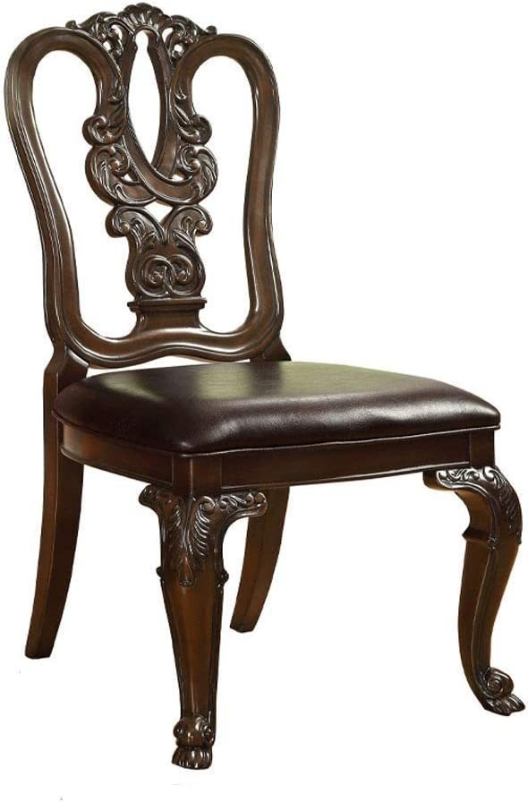 Traditional Intricate Back Design Set of 2 Side Chairs Brown Cherry Solid wood Chair Padded Leatherette Seat Kitchen Dining Room Furniture - Home Elegance USA