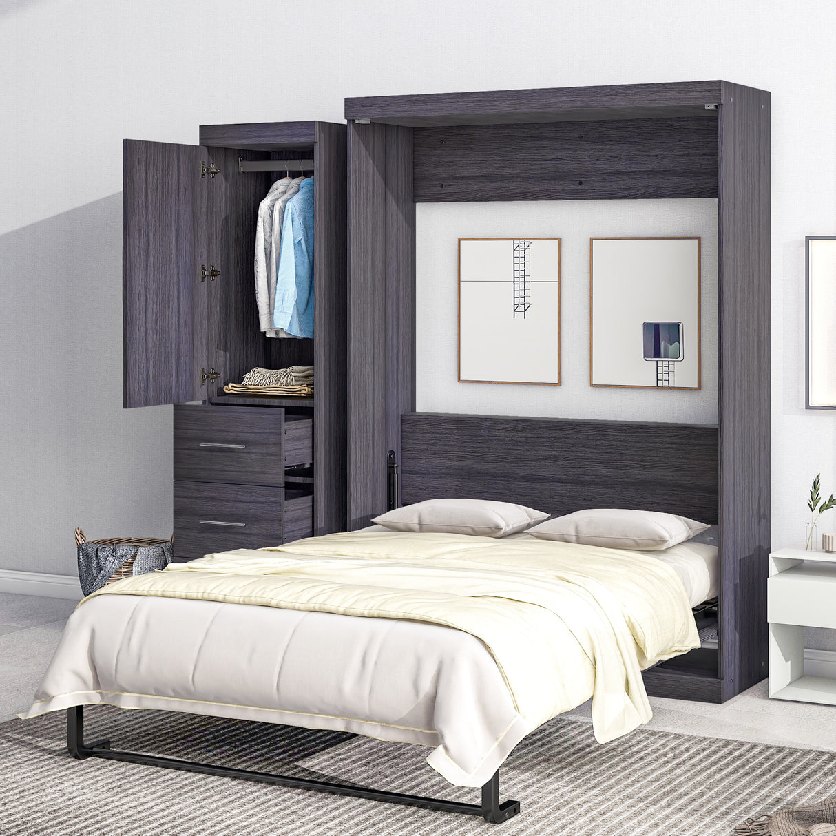 Full Size Murphy Bed with Wardrobe and Drawers, Storage Bed, can be Folded into a Cabinet, Gray - Home Elegance USA