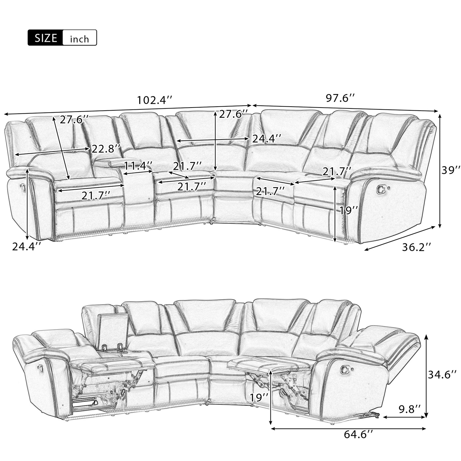 Modern Faux Leather Manual Reclining with Center Console with LED Light Strip,Living Room Furniture Set,PU Symmetrical Couch with 2 Cup Holders and Storage for Living room,Black - Home Elegance USA