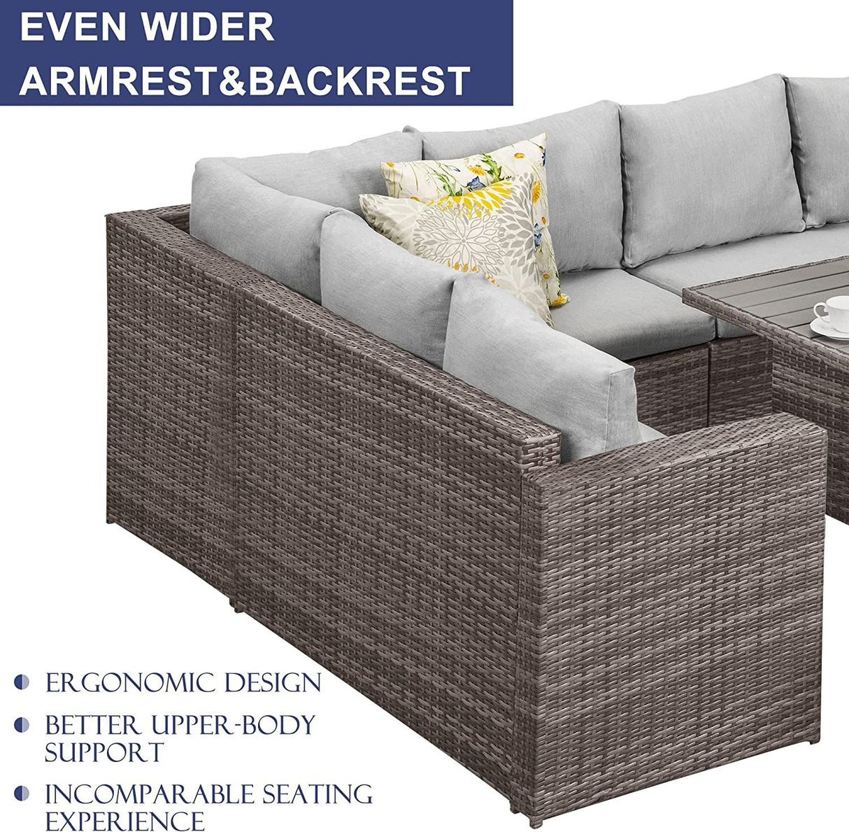7 - Pieces PE Rattan Wicker Patio Dining Sectional Cusions Sofa Set with Grey cushions | Home Elegance USA