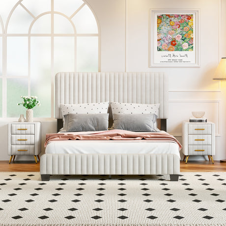 3-Pieces Bedroom Sets, Full Size Upholstered Platform Bed with Two Nightstands, Nightstands with Marbling Worktop and Metal Legs&Handles, Velvet,Beige - Home Elegance USA