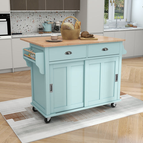 K&K Kitchen Cart with Rubber wood Drop-Leaf Countertop, Concealed sliding barn door adjustable height,Kitchen Island on 4 Wheels with Storage Cabinet and 2 Drawers,L52.2xW30.5xH36.6 inch, Mint Green - Home Elegance USA