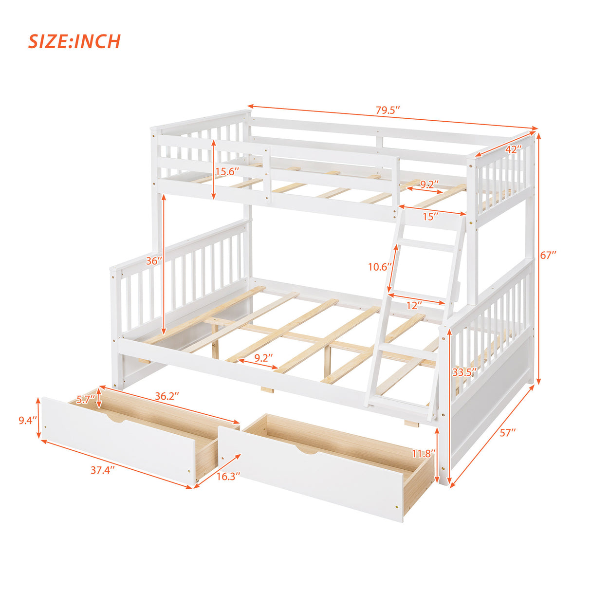 Twin-Over-Full Bunk Bed with Ladders and Two Storage Drawers (White) ( old sku:LT000165AAK) - Home Elegance USA