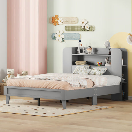 Full Size Platform Bed with Storage Headboard,Multiple Storage Shelves on Both Sides,Grey - Home Elegance USA
