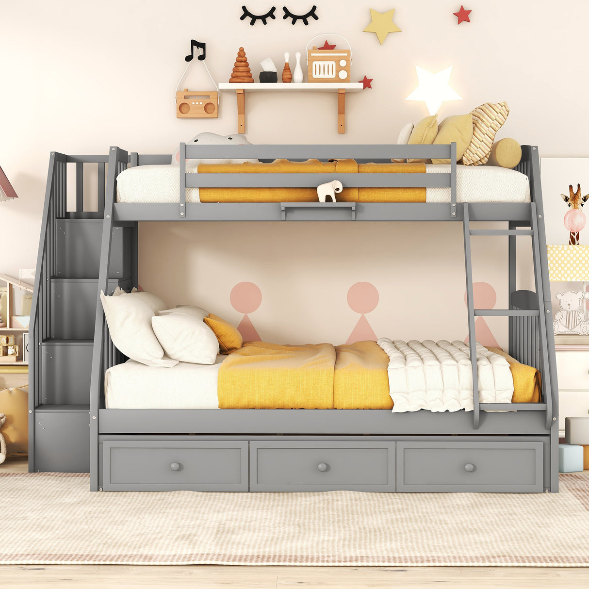 Twin-Over-Full Bunk Bed with Drawers,Ladder and Storage Staircase, Gray - Home Elegance USA