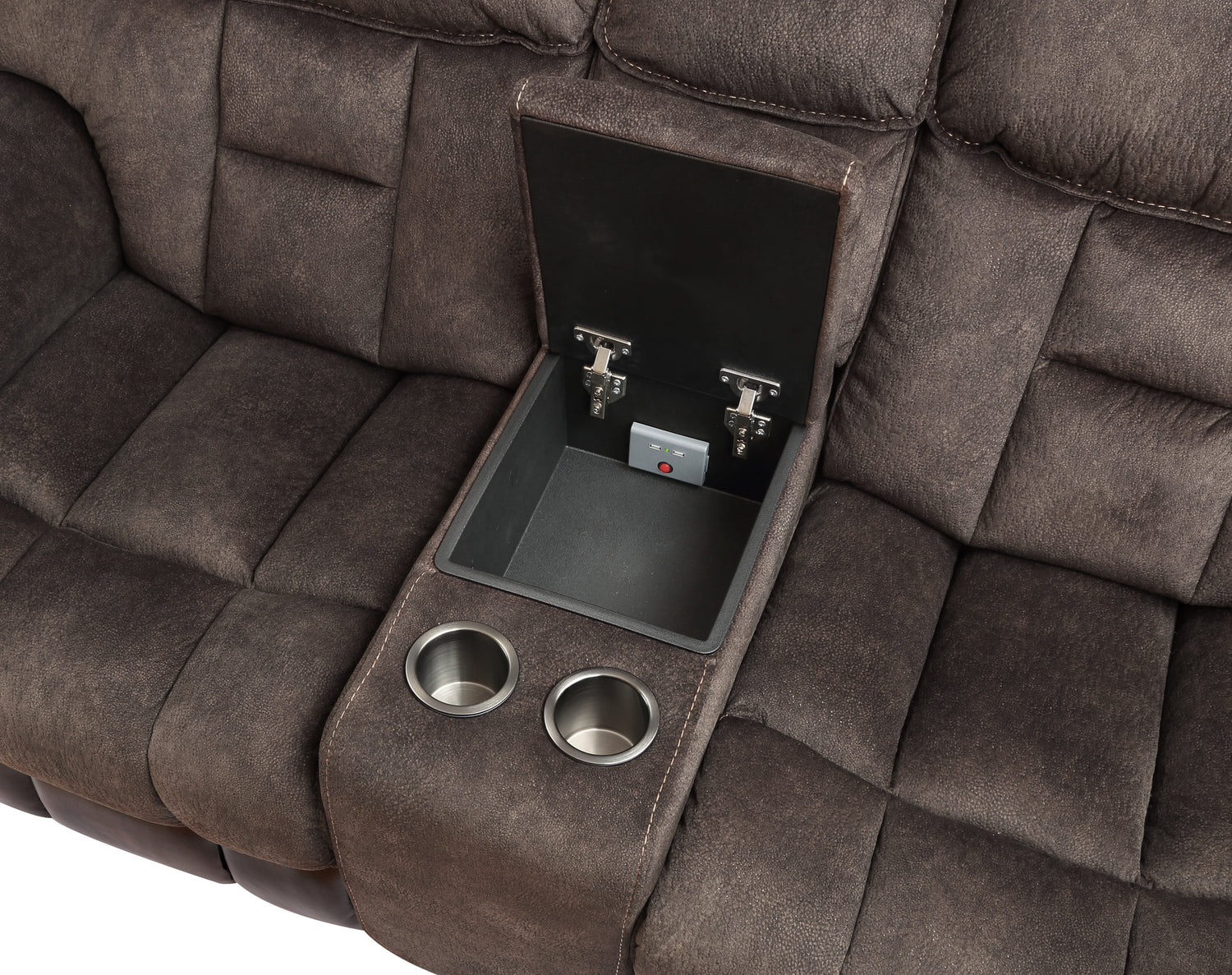 Easy-care Loveseat with Pleated Back - Ultra-Plush Fabric, Leatherette - Multi-Function Drop-Down Console, Pop-Up Charging Station - Complete 3-Piece Set Home Elegance USA