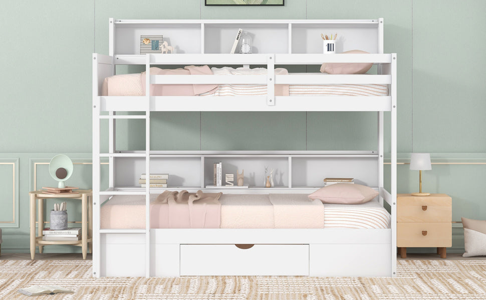 Twin Size Bunk Bed with Built-in Shelves Beside both Upper and Down Bed and Storage Drawer,White - Home Elegance USA