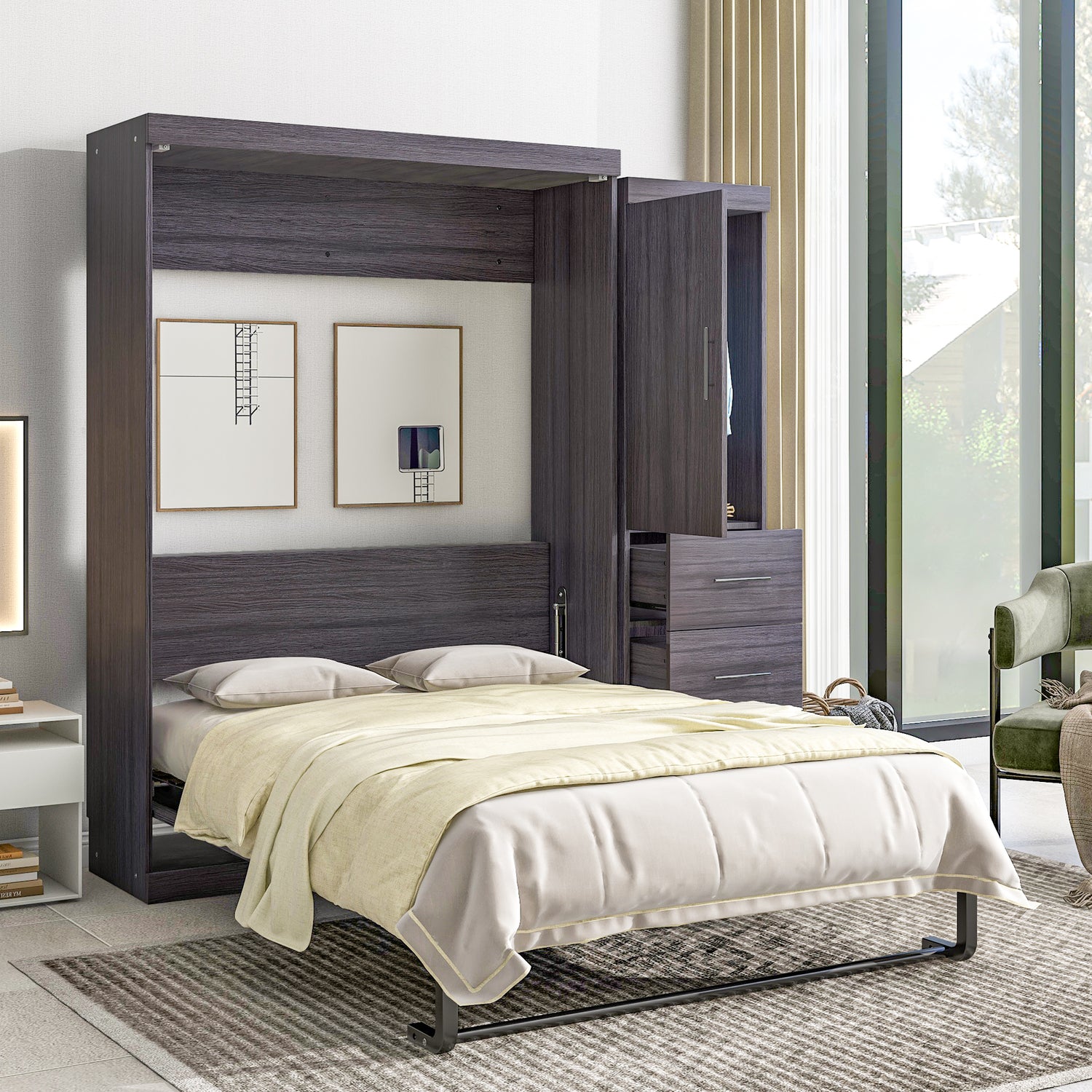 Full Size Murphy Bed with Wardrobe and Drawers, Storage Bed, can be Folded into a Cabinet, Gray - Home Elegance USA