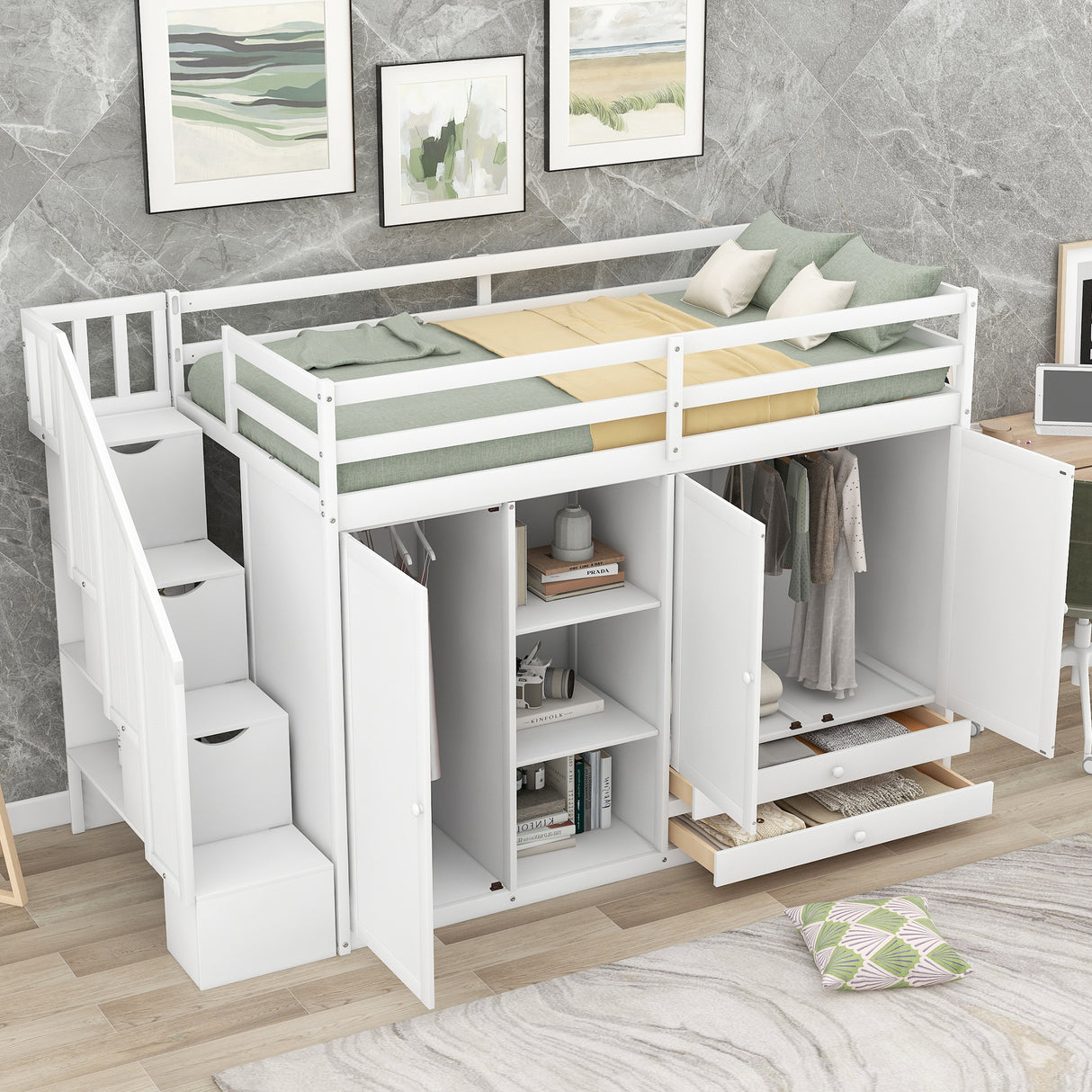 Functional Loft Bed with 3 Shelves, 2 Wardrobes and 2 Drawers, Ladder with Storage, No Box Spring Needed, White - Home Elegance USA
