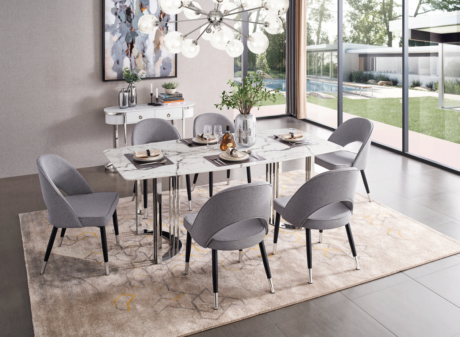 131 Silver Marble 8 Piece Dining Room Set W - 1Ext In Silver - 131Diningtabless - 8Set | ESF | Home Elegance USA