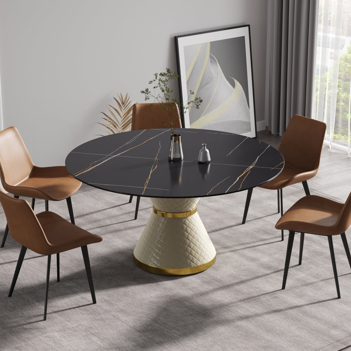 59.05"Modern artificial stone round white carbon steel base dining table - can accommodate 6 people | Home Elegance USA