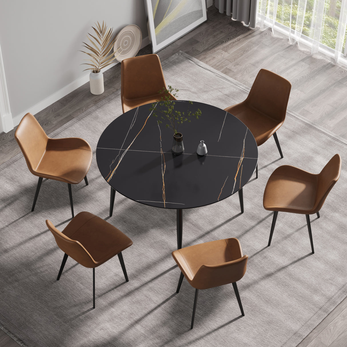 53.15 " modern artificial stone black round dining table with black metal legs - can accommodate 6 people. | Home Elegance USA