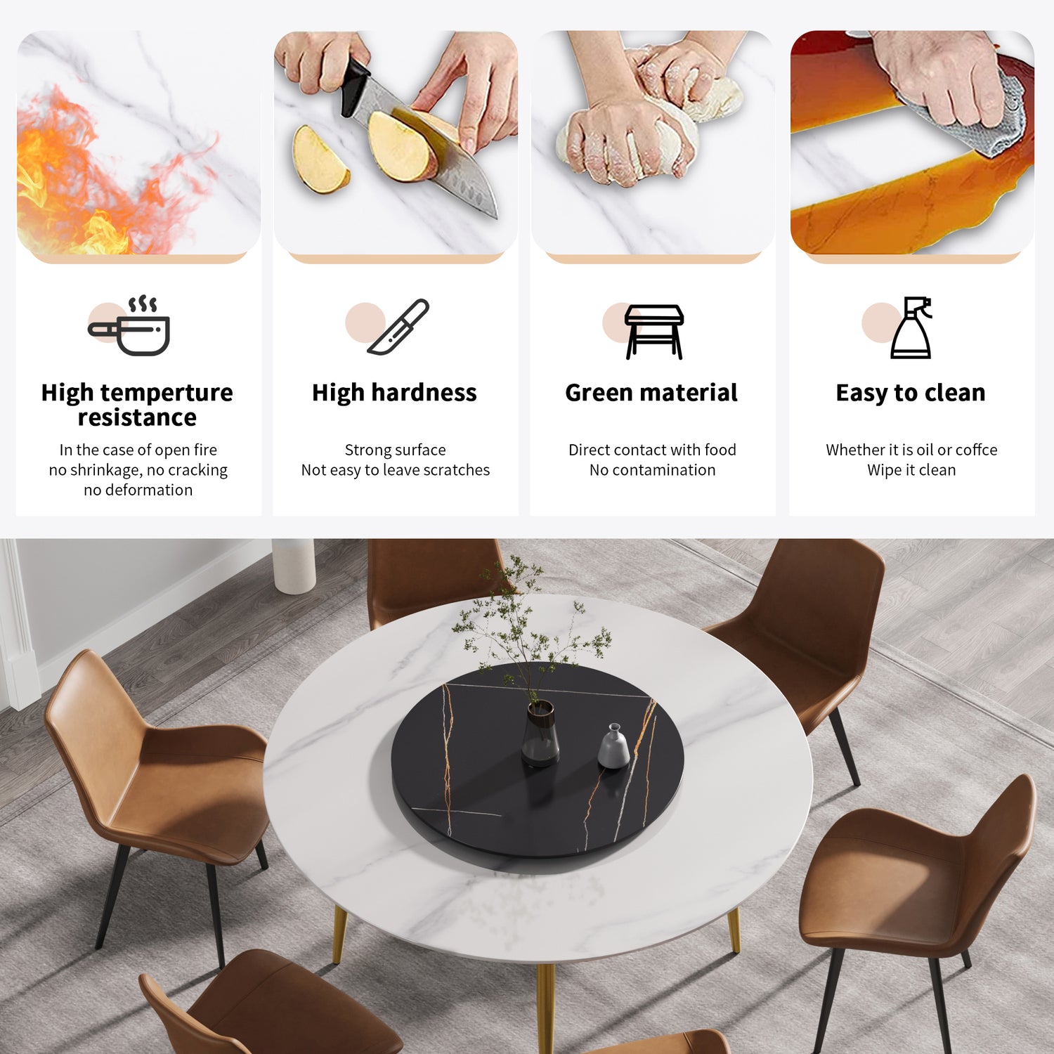 59.05"Modern artificial stone round golden metal dining table - can accommodate 6 people - 31.5"black artificial stone turntable | Home Elegance USA