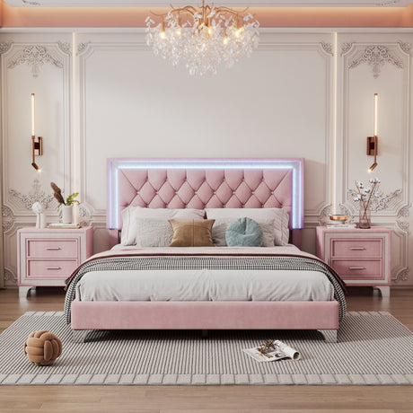 3-Pieces Bedroom Sets,Queen Size Upholstered Platform Bed with LED Lights and Two Nightstands-Pink - Home Elegance USA