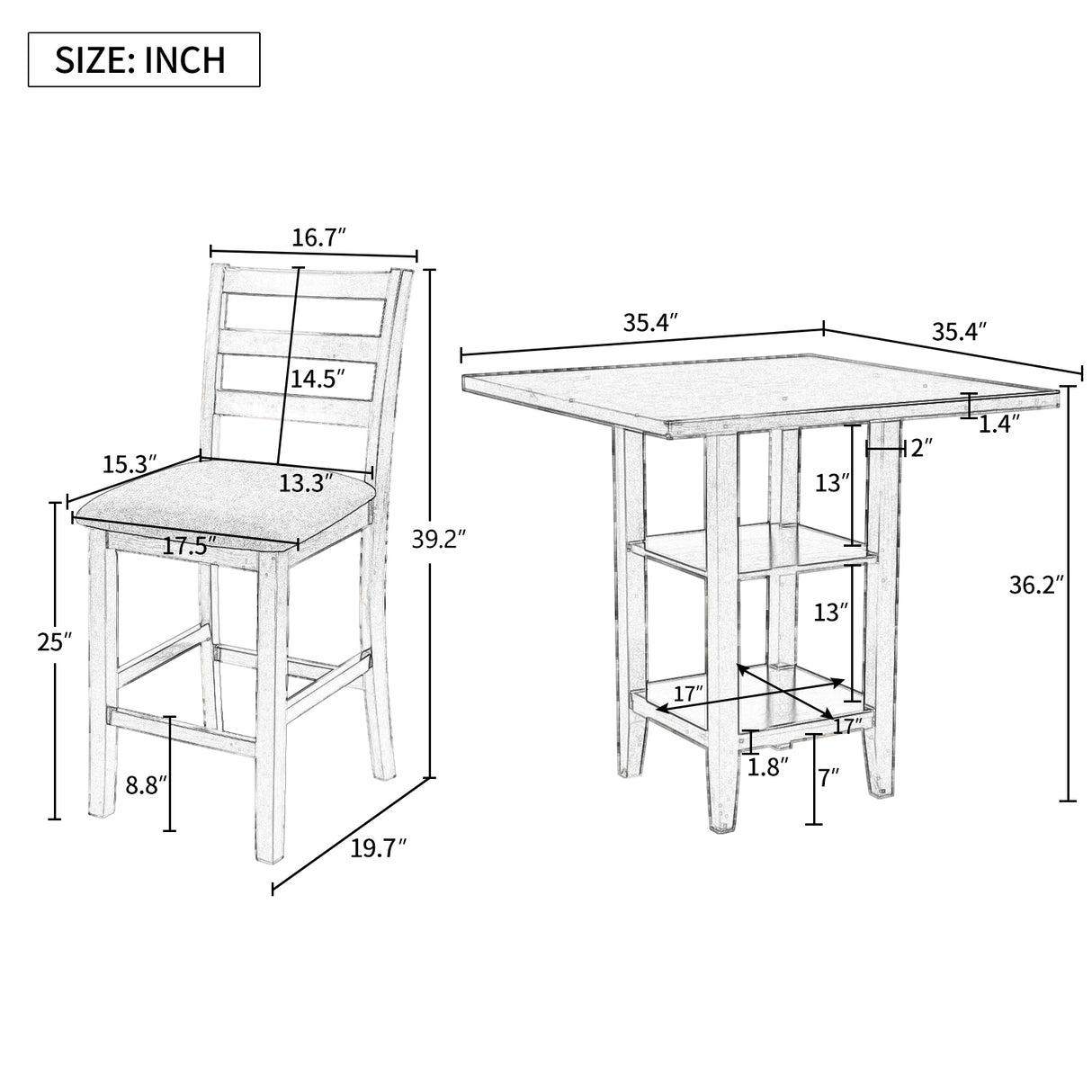 TREXM 5-Piece Wooden Counter Height Dining Set with Padded Chairs and Storage Shelving (Gray) - Home Elegance USA