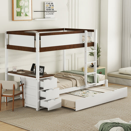 Twin-Over-Twin Bunk Bed with Twin size Trundle, Storage and Desk, White+Walnut - Home Elegance USA
