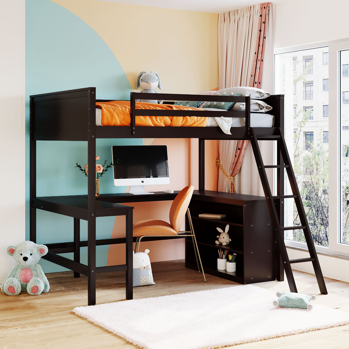 Full size Loft Bed with Shelves and Desk, Wooden Loft Bed with Desk - Espresso - Home Elegance USA