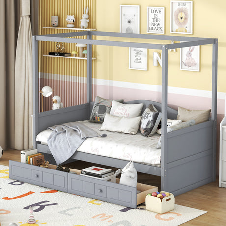 Twin Size Canopy Day Bed with 2 Drawers, Gray - Home Elegance USA