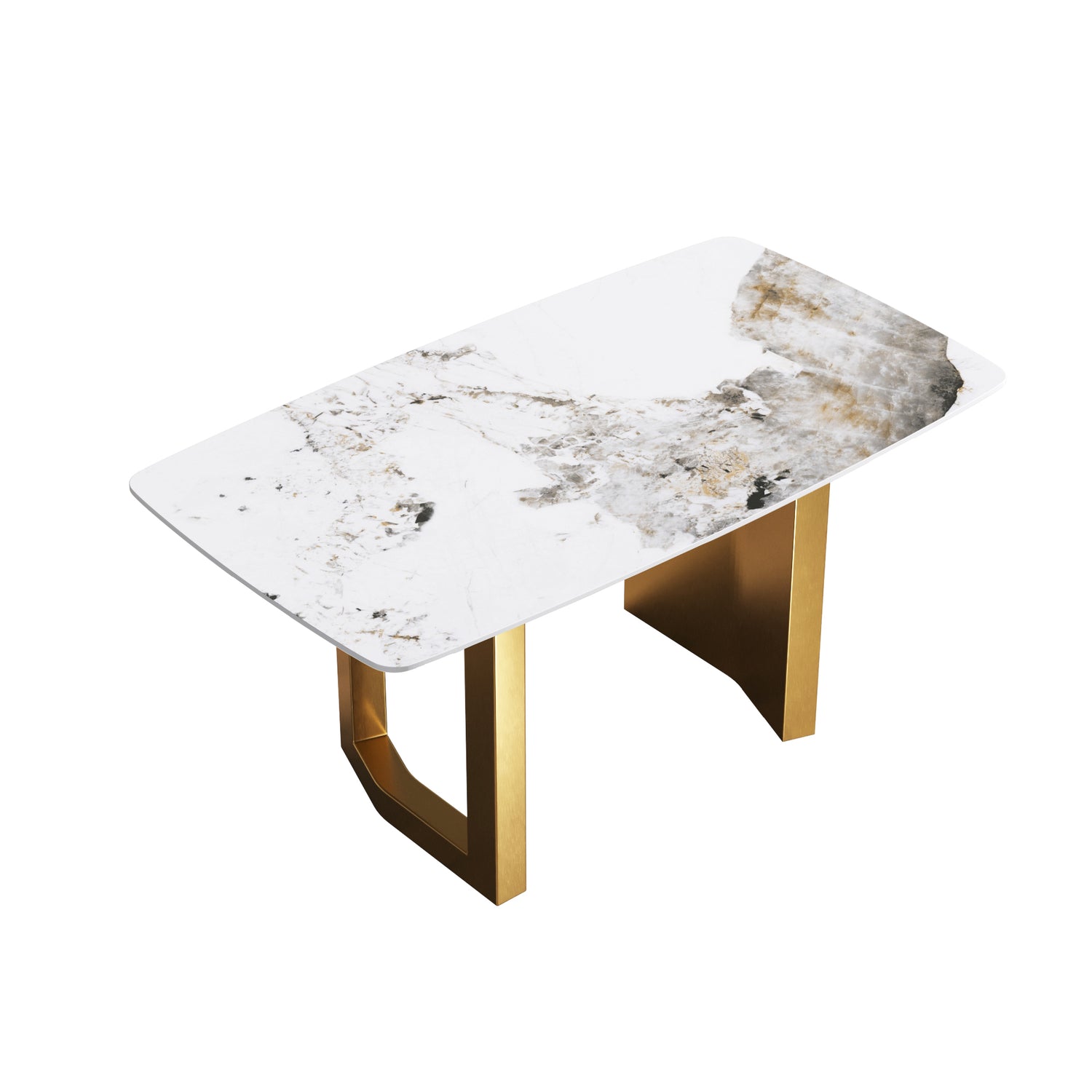 63"Modern artificial stone pandora white curved golden metal leg dining table - 6 people | Home Elegance USA