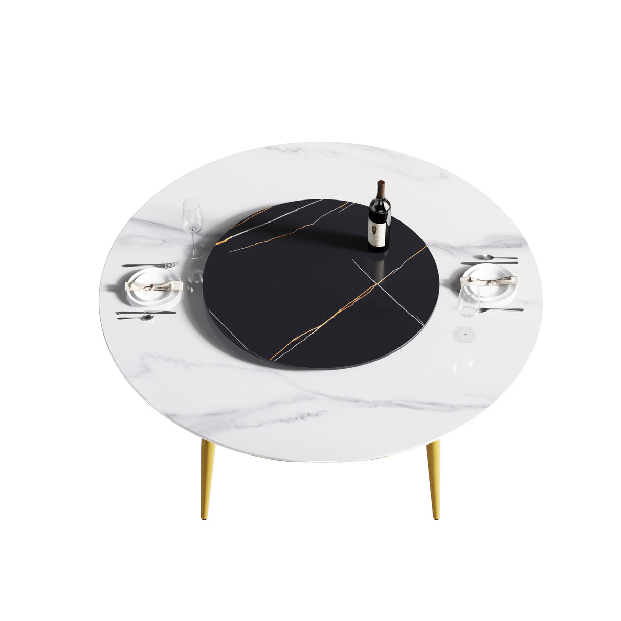 59.05"Modern artificial stone round golden metal dining table - can accommodate 6 people - 31.5"black artificial stone turntable | Home Elegance USA