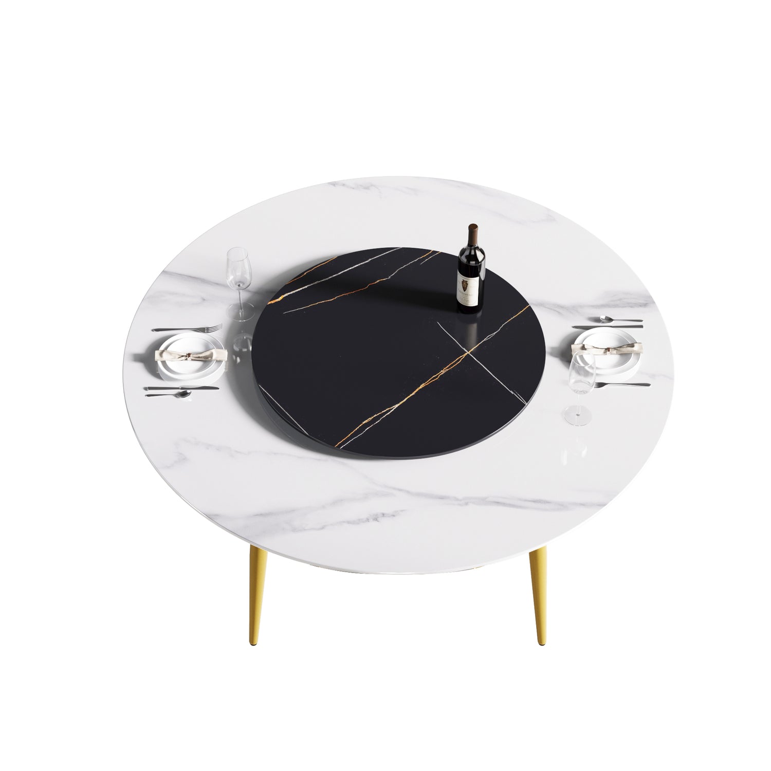 59.05"Modern artificial stone round golden metal dining table - can accommodate 6 people - 31.5"black artificial stone turntable | Home Elegance USA