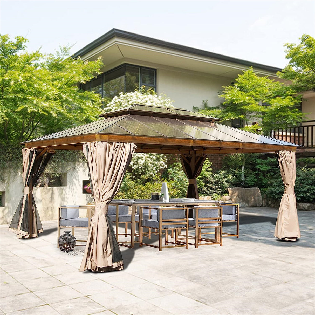 12x16ft Hardtop Gazebo, Permanent Outdoor Gazebo with Polycarbonate Double Roof, Aluminum Gazebo Pavilion with Curtain and Net for Garden, Patio, Lawns, Deck, Backyard (Wood - Looking) | Home Elegance USA