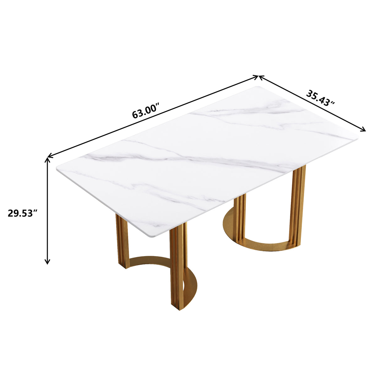 63"Modern artificial stone white straight edge golden metal leg dining table - 6 people | Home Elegance USA