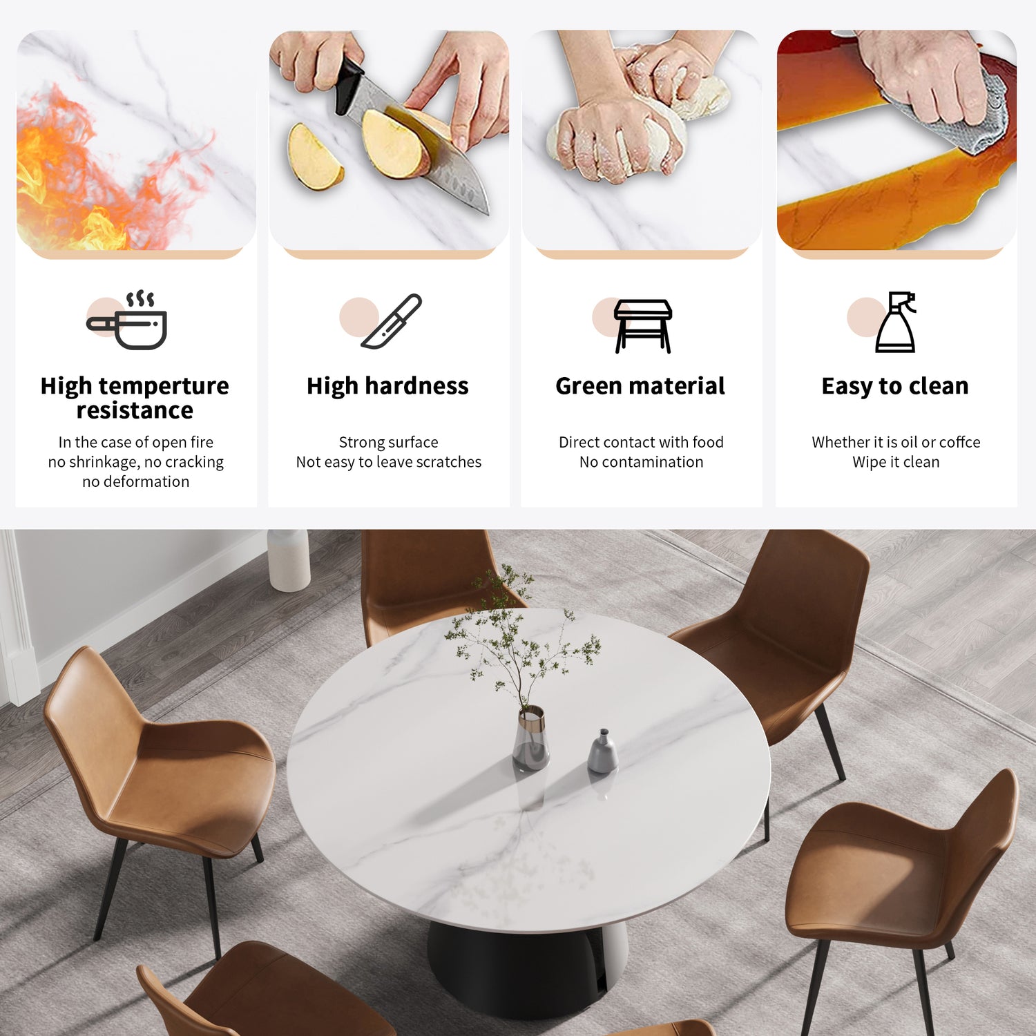 53.15"Modern artificial stone round black carbon steel base dining table - can accommodate 6 people | Home Elegance USA